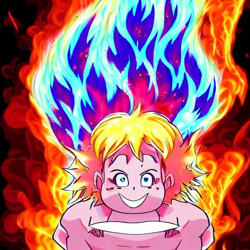 Image similar to fluffy exploding popcorn elemental spirit, in the style of a manga character, with a smiling face and flames for hair, sitting on a lotus flower, white background, clean composition, symmetrical