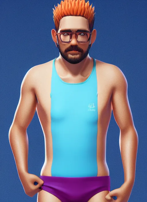 Prompt: 3 2 - year - old sporty man, short stubble, wearing tropical short sleeve shirt and speedo, character design, octane render, 8 k, portrait