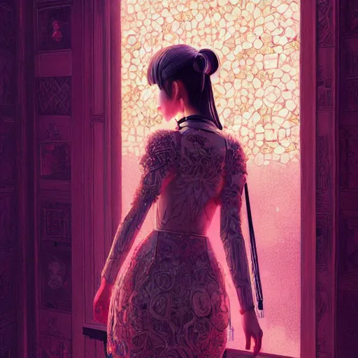 Image similar to feminine nicolas cage in intricate clothing by ross tran, walking in a castle painted by sana takeda, rtx reflections, very high intricate details, digital anime art, medium shot, mid - shot, composition by ilya kuvshinov, lighting by greg rutkowski
