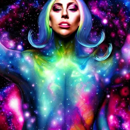 Image similar to lady gaga, lady gaga, lady gaga, galaxies and nebula flowing out of his body, artgerm, psychedelic floral planets