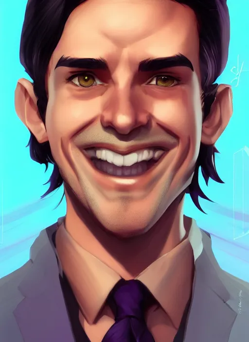 Prompt: a sly and confident male debaters with purple clothes and dark hair, bad smile, character, closeup headshot, in the style of artgerm, artstation, cgsociety, wlop, alexis franklin, charlie bowater, 8 k, detailed