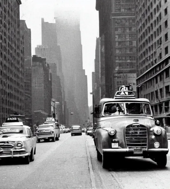 Prompt: a vintage photo of a taxi cab driving on a new york city road.