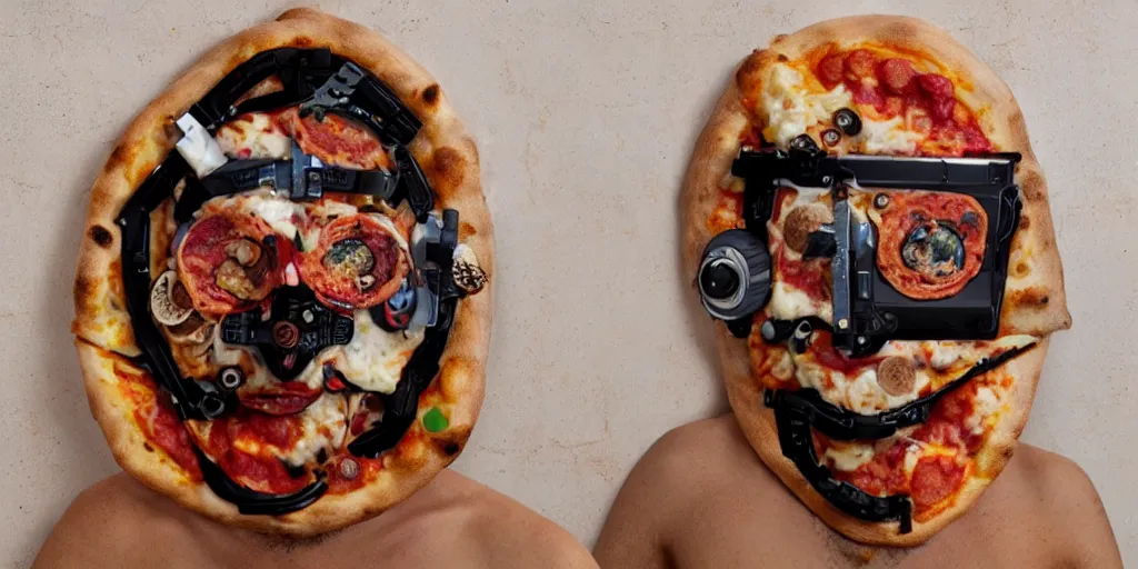 Prompt: a beautiful cyborg made of ceremonial pizza maske