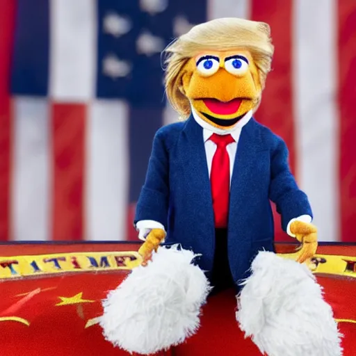 Prompt: Donald Trump realistic Muppet puppet, wide lens, diorama, 4k,