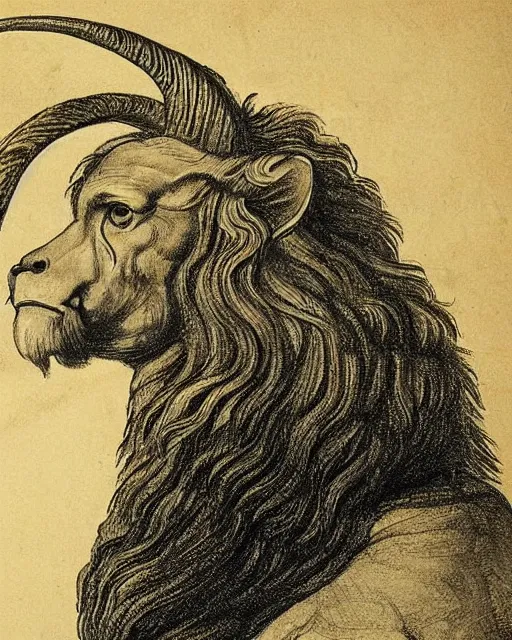 Image similar to a creature with the eyes of a man, beak of an eagle, no nose, the mane of a lion, two horns on the head. drawn by da vinci