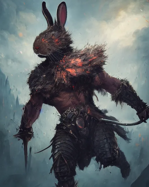 Image similar to oil painting of Angry Anthropomorphized Rabbit Berserker, wearing armor, claws, sharp focus, attack pose, fantasy style, octane render, volumetric lighting, 8k high definition, by greg rutkowski, highly detailed, trending on art Station, magic the gathering artwork, burning Battlefield background, centered