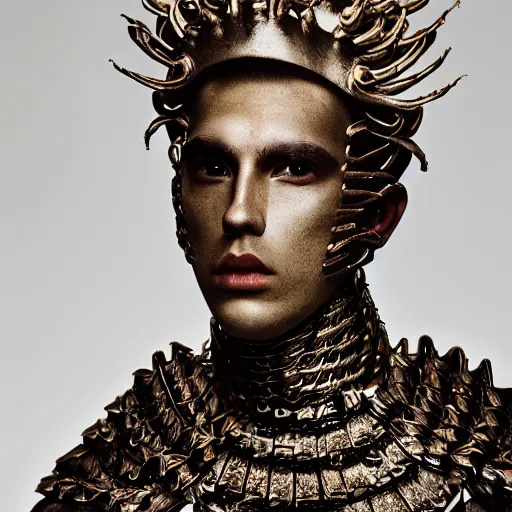 Image similar to a portrait of a beautiful young male wearing an alexander mcqueen armor made of clay , photographed by andrew thomas huang, artistic