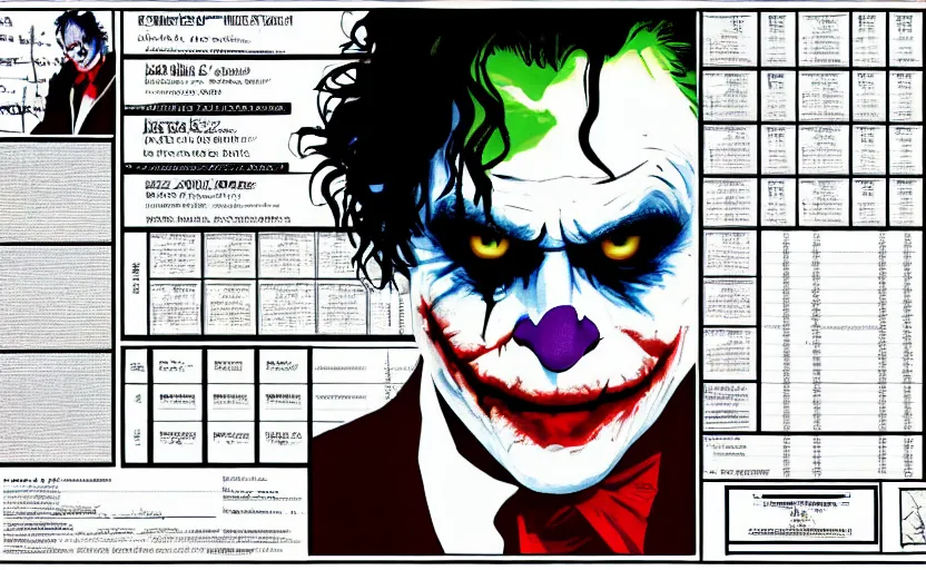 Image similar to joker played by heath ledger from the dark knight ( 2 0 0 8 ) by christopher nolan, character sheet