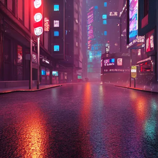 Image similar to 8 k hd detailed octane render of a cyberpunk noir city street in the rain