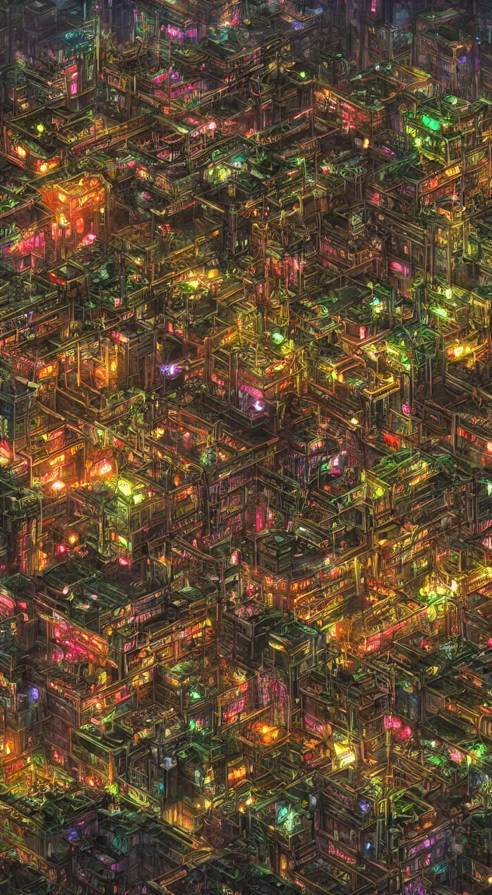 Prompt: neon Kowloon fortress city in anime style, Photorealistic. Very detailed. High energy physics. cannabis. Rendering VRY. Unreal Engine, 3D, Clear focus, fantasy style, Octane rendering, Surround lighting, 8k high resolution, High detail, trending at art Station, magic the gathering cover