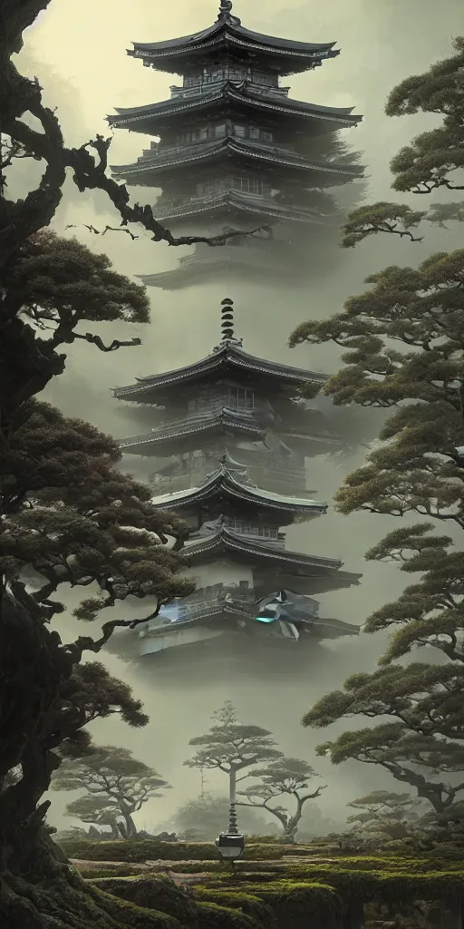 Image similar to japanese style palace under attack, hyper realistic, lush gnarly plants, 8 k, denoised, by greg rutkowski, tom bagshaw, james gurney cozy atmospheric and cinematic lightingg