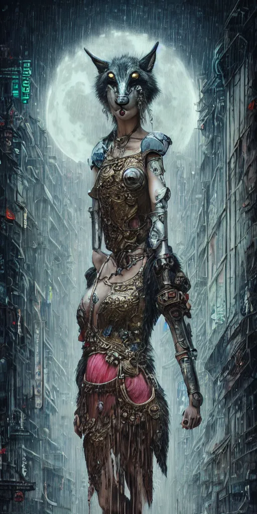 Image similar to hyper realistic Princess Mononoke, ornate mask, wet market street, rainy atmosphere, full moon, cyberpunk metropolis, city landscape, jewels, full body pose, wolves, style of tom bagshaw, mucha, james gurney, norman rockwell, denoised, sharp