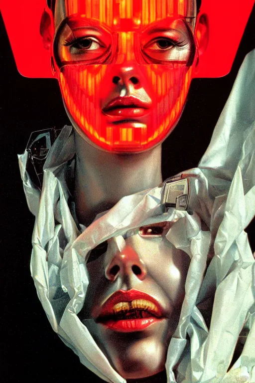 Image similar to cyborg head wrapped in plastic bags by Hajime Sorayama and Artemisia Gentileschi, centered, symmetrical, led, red, bilateral symmetry, third person, 70s poster, polished, lightning, retro dark vintage sci-fi, 2D matte illustration