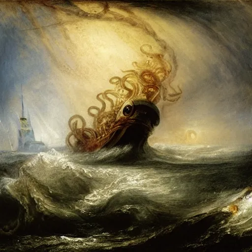 Prompt: giant octopus with gigantic tentacles dancing above the waves of an angry ocean, by jmw turner