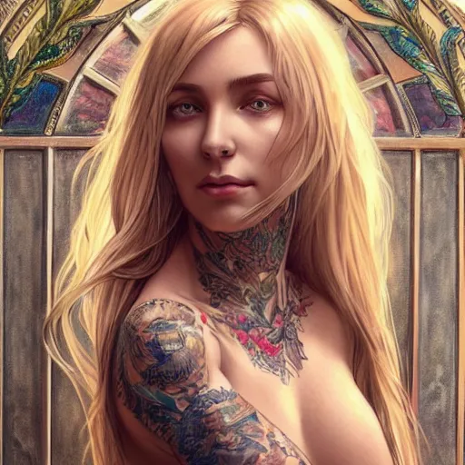 Image similar to ultra realistic illustration, a hot and beautiful tattooed blonde slavic woman in her 3 0's, intricate, elegant, highly detailed, digital painting, artstation, concept art, smooth, sharp focus, illustration, art by artgerm and greg rutkowski and alphonse mucha