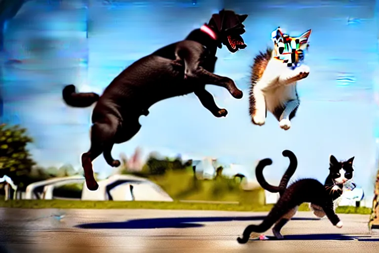 Prompt: Kitten jumping a large dog with a stunt bike