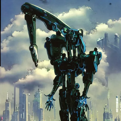 Image similar to anime screenshot of a sleek, slender mecha suit defending the city, designed by hideaki anno, drawn by tsutomu nihei, and painted by zdzislaw beksinski