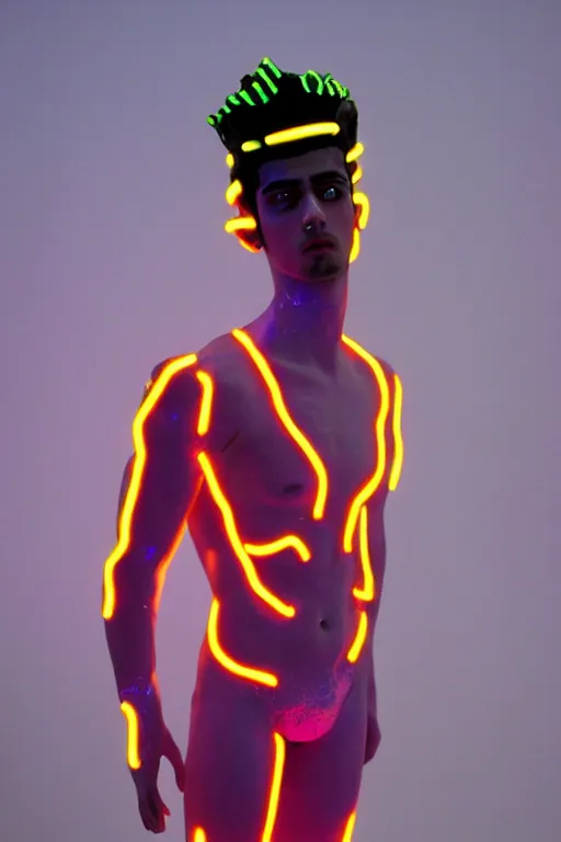 Prompt: full-body neon porcelain greecian bladerunner greek style sculpture of a young handsome Zayn Malik shirtless as a high-fashion half-robot with a porcelain body with an opening exposing a battery leaking radioactive liquid, electric sparks, glowing violet laser beam eyes, crown of giant rubies, flowing pink and orange neon-colored silk, luminescent fabrics, mechanical raptors. baroque and steampunk elements. full-length view. baroque element. intricate artwork by caravaggio. Very very very very highly detailed epic photo of face. Trending on artstation, octane render, cinematic lighting from the right, hyper realism, octane render, 8k, depth of field, 3D