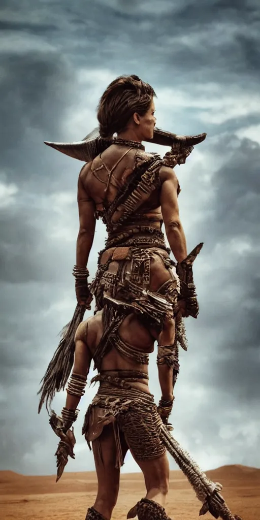 Image similar to solo ancient tribewoman standing against army, partially destroyed armor inspired monster hunter,back camera, muscular, symmetrical face, clean face, subtle make up, dramatic lighting, cinematic, establishing shot, extremely high detail, photorealistic, 300 the movie,monster hunter the movie, dune the movie, cinematic lighting, artstation, octane render, western,old photo, vintage, dust and destruction happening around her, freeze time