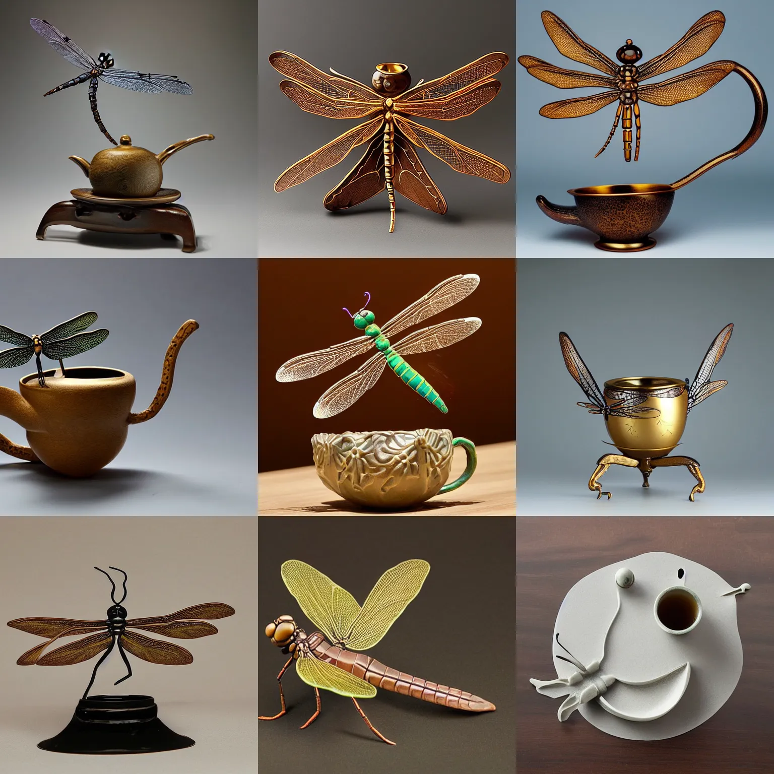 Prompt: Dragonfly-shaped, dragonfly-like, a bespoke dragonfly-formed tea-brewing pouring vessel in the shape of a dragonfly, that looks like a dragonfly, that has the form of a dragonfly, dragonfly-shaped