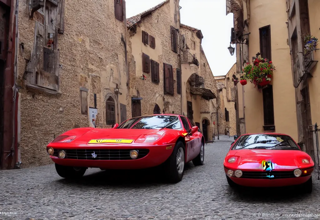 Prompt: ferrari in an old town