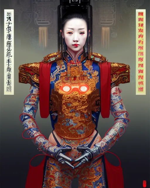 Prompt: portrait of a chinese cyberpunk machine, machine face, robed, upper half portrait, decorated with chinese opera motifs regal royal machine robot cyberpunk fine china, wuxia, traditional chinese art intricate intense elegant highly detailed digital painting artstation concept art smooth sharp focus illustration, art by artgerm and greg rutkowski alphonse mucha 8 k
