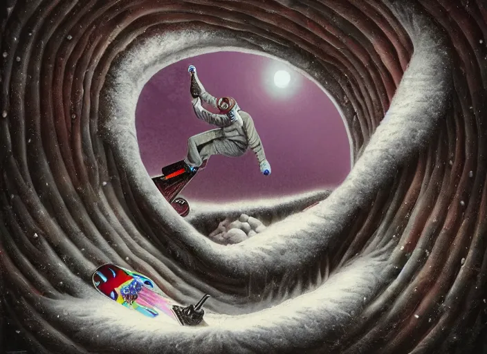 Image similar to a snowboard downhill that takes to a portal to another dimension, lowbrow, matte painting, 3 - d highly detailed, in the style of mark ryden,