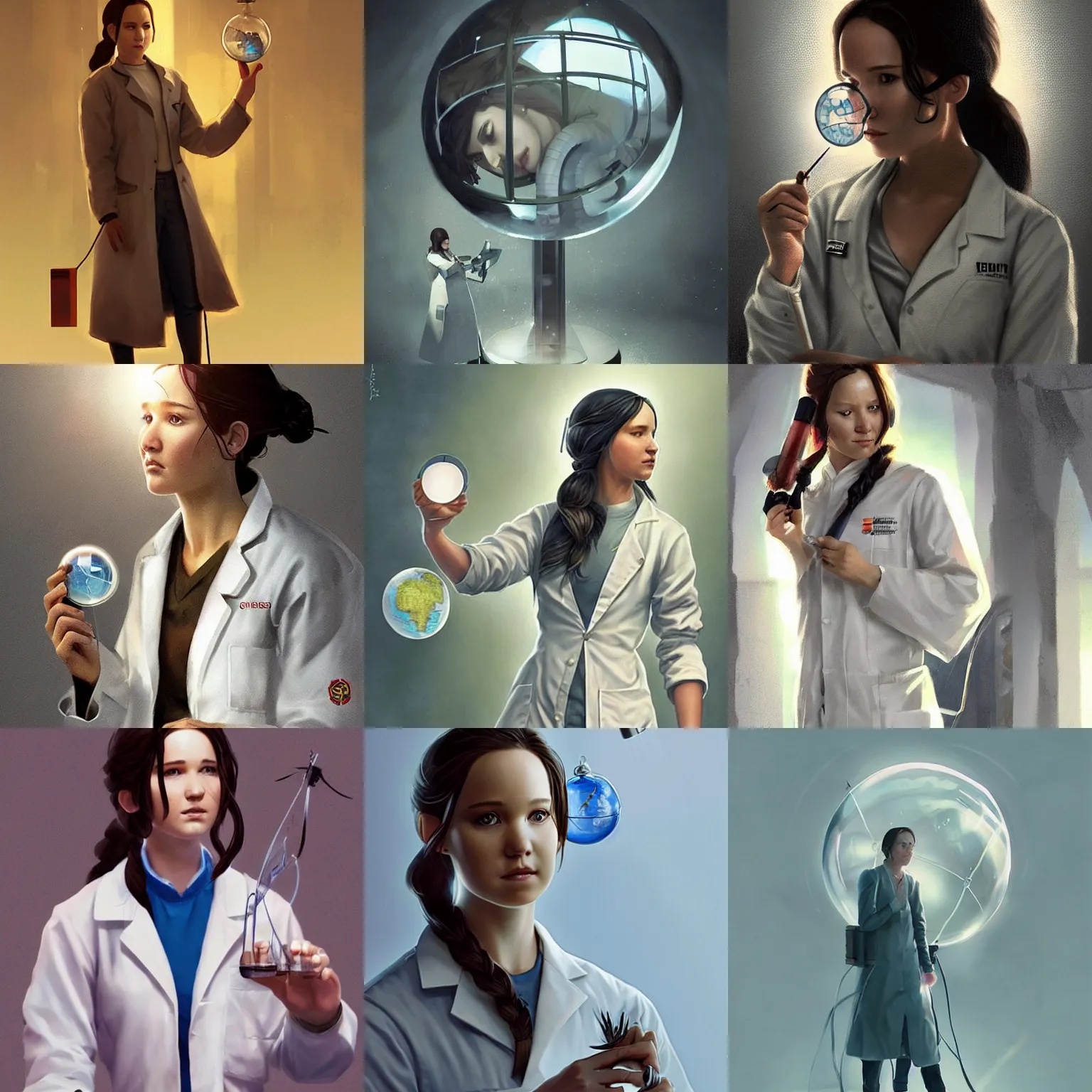 Image similar to a laboratory, ( ( ( ( ( katniss everdeen ) ) ) ) ) as a scientist, wearing a labcoat, is holding a tiny globe, digital art, greg rutkowski, artstation