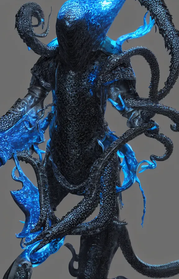 Image similar to detailed hypperrealistic artstation render, full body front view of a scaly black cloaked man, wearing a metallic blue squid mask. he holds in his hand a large knights blue greatsword, in addition tentacles emerge from his back like wings