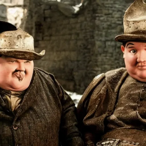 Prompt: oliver hardy and stan laurel in game of thrones