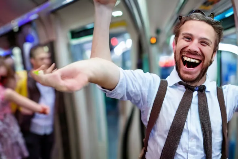 Image similar to a happy guy dancing in the metro selling things, 4k