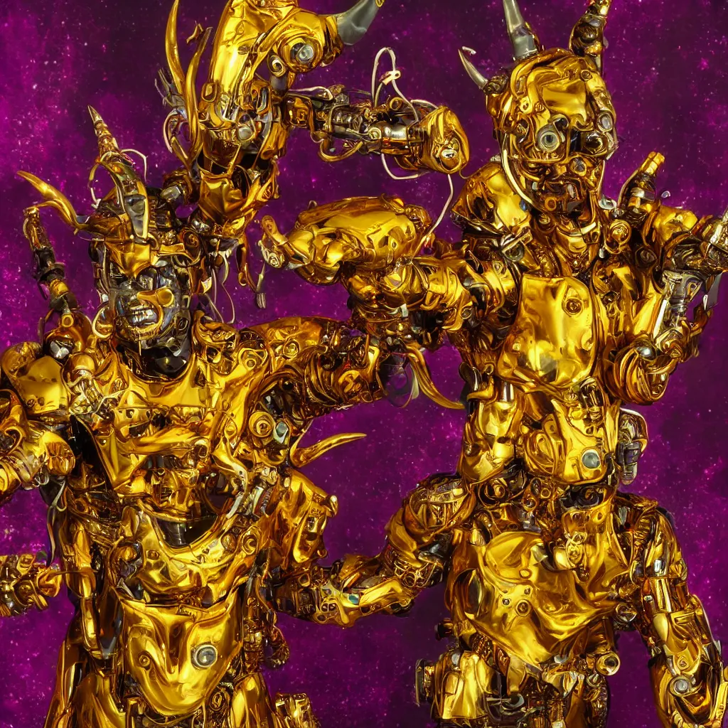 Image similar to a cyborg with gold horns, made out of colourful liquid amber