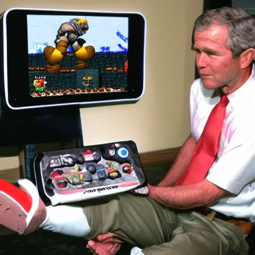 Prompt: George W. Bush playing Super Smash Brothers: Melee on the Nintendo Gamecube