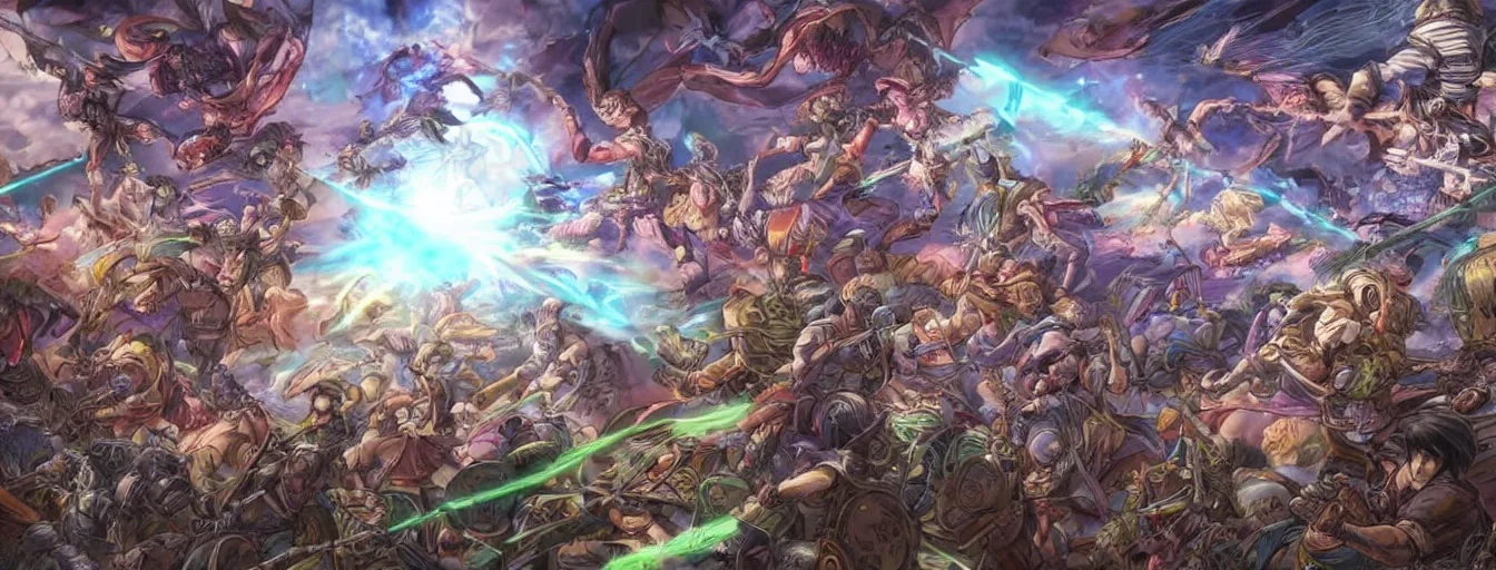 Prompt: zoomed out view of spirit souls fighting on a battlefield to the death beams. hyperrealistic anime background illustration by kim jung gi, colorful, extremely detailed intricate linework, smooth, super sharp focus, bright colors, high contrast, matte, octopath traveler, unreal engine 5 highly rendered, global illumination, radiant light