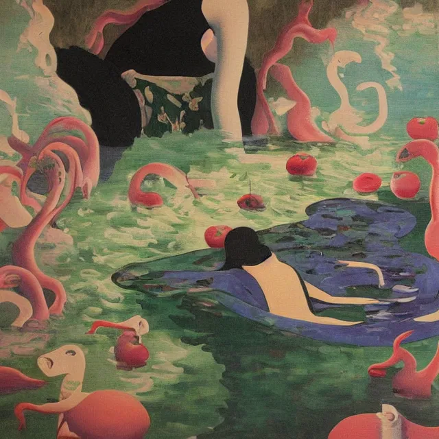 Prompt: female emo art student, painting of flood waters inside an artist's feminine bedroom, a river flooding indoors, pomegranates, pigs, ikebana, water, octopus, river, rapids, waterfall, black swans, canoe, berries, acrylic on canvas, surrealist, by magritte and monet