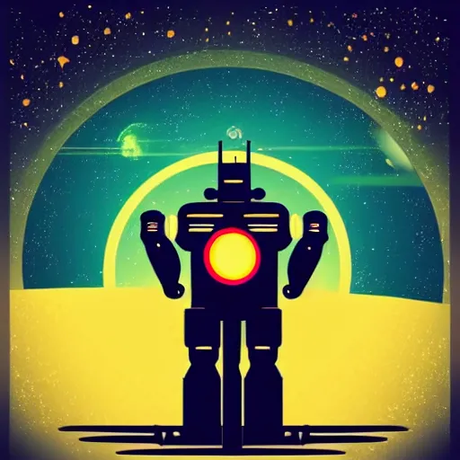 Prompt: “1950s art deco style robot silhouette facing a futuristic city, planets and stars in the background, retro poster.”