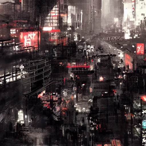 Image similar to concept art of tokyo city taken from drone by yoji shinkawa and ashley wood and j. m. w. turner, speed painting, photo bash, cinematic angle, super detailing