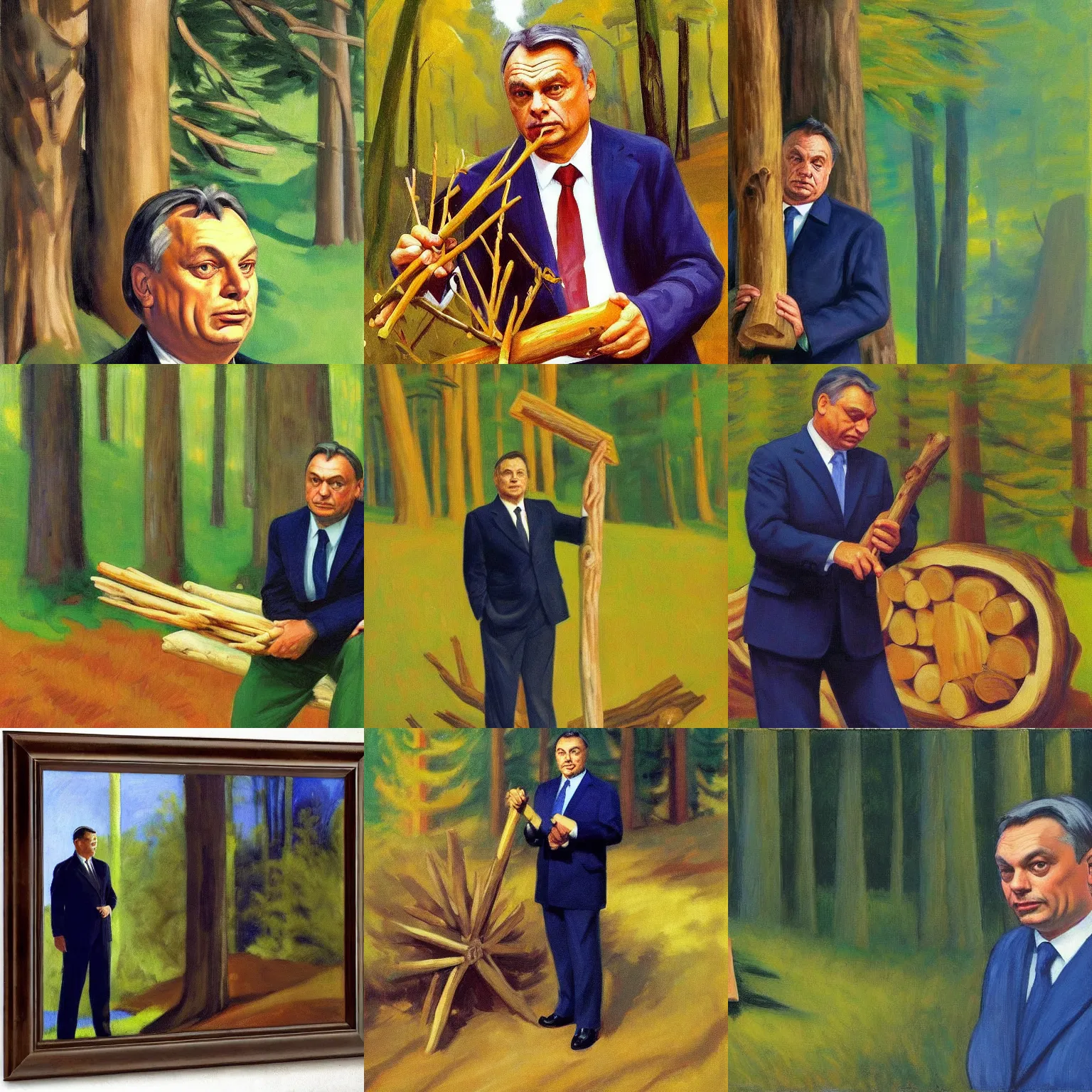 Prompt: viktor orban in a forest, holding a wood piece, highly detailed face, by edward hopper