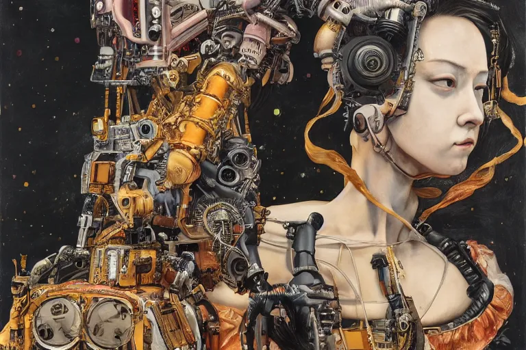 Prompt: 8K UHD, detailed portrait, high dynamic range, by katsuhiro otomo: (background= varnished oil paint on black background with pastel paint splashes in background)+ (subject = queen baroque expressionist cyborg machine goddess + subject detail= very detailed )