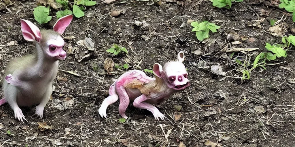 Prompt: tiny imp cryptid eating a dead animal in a front yard, news paper photo