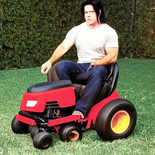 Prompt: glenn danzig on a riding lawn mower,