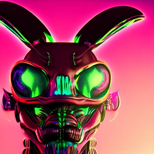 Image similar to synthwave insect alien face with neon tattos, detailed face, sharp focus, synthwave art, aesthetic, octane render, raw, cinematic