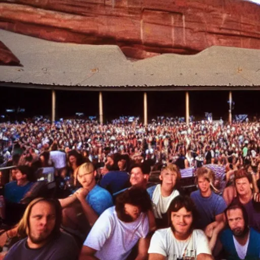Prompt: movie still of dave matthews band at red rocks amphitheater in the 9 0 s