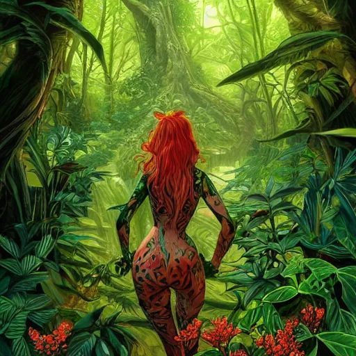 Prompt: a beautiful painting of poison ivy walking in the jungle, blooming jungle flowers, tall old growth trees, intricate, elegant, highly detailed, digital painting, artstation, concept art, matte, sharp focus, illustration, by dan mumford, yusuke murata, makoto shinkai, ross tran