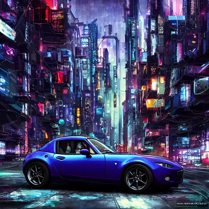 Prompt: a mazda miata in cyberpunk city, cyberpunk futuristic digital art concept