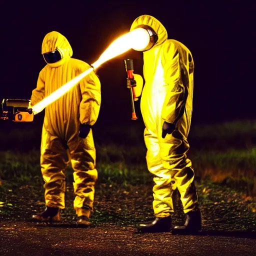 Prompt: men in reflective hazmat suits shooting flamethrowers at dark silhouette aliens, cinematic still