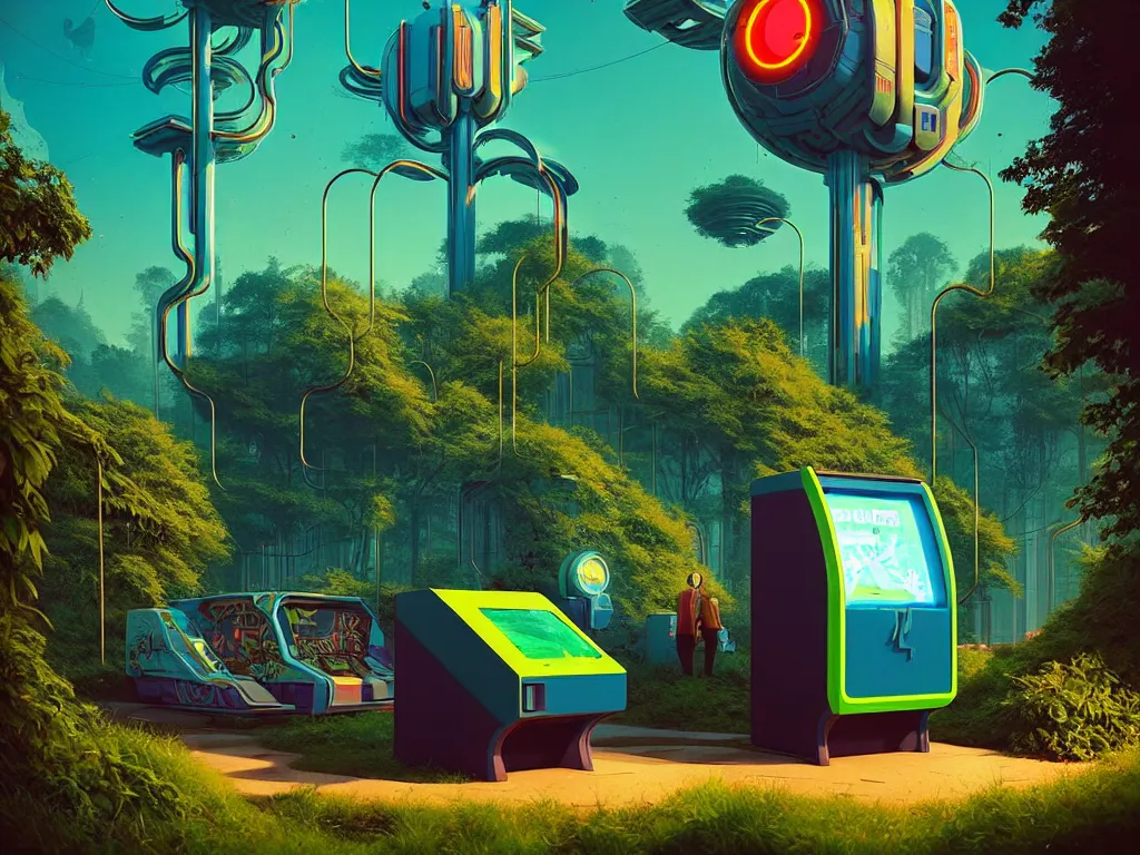 Image similar to 80s futuristic outdoor retro arcade, desolate, lush vegetation:: Simon Stålenhag and beeple and James Gilleard and Justin Gerard :: ornate, dynamic, particulate, intricate, elegant, highly detailed, centered, artstation, smooth, sharp focus, octane render, 3d