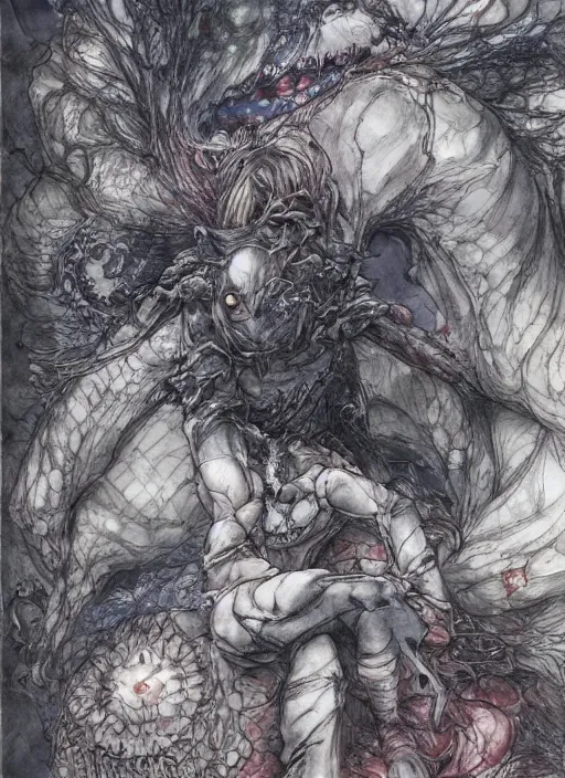 Image similar to nightmare Monsters spilling out of a Childs dreams as he sleeps , watercolor, pen and ink, intricate line drawings, by Yoshitaka Amano, Ruan Jia, Kentaro Miura, Artgerm,