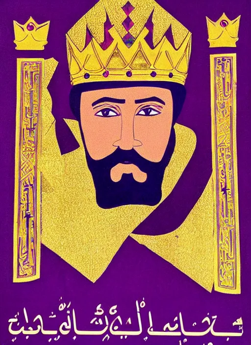 Image similar to Polish posters for Arabic king with long beard wearing purple robes, king's crown, and golden scepter. Screen printed, silkscreen, paper texture. 1968