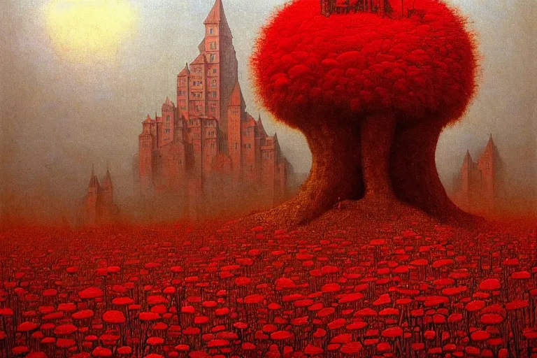 Image similar to only with red, red flowers of different types, a red tiger, a castle in the background, medieval demons dance over the flowers, an ancient path, in the style of beksinski, part by hopper, part by rodcenko, part by hofbauer, intricate composition, red by caravaggio, insanely quality, highly detailed, masterpiece, red light, artstation